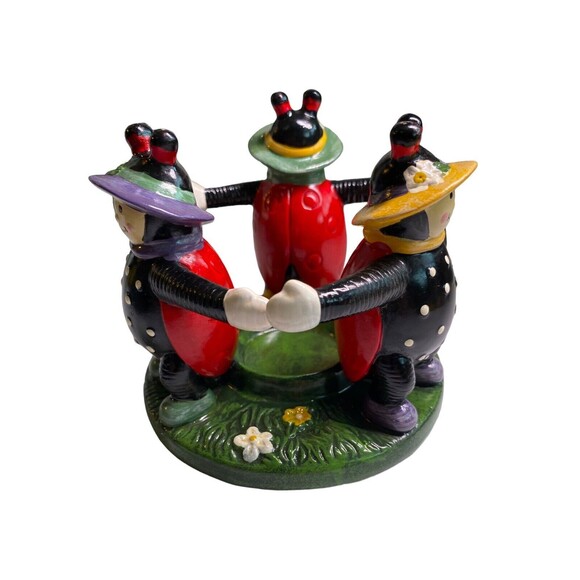 Ladybug Votive Tealight Candle Holder Trio Holding Hands Flower Garden Vintage - Picture 11 of 13
